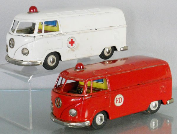 2 BANDAI VOLKSWAGEN BUSES: litho tin, friction working, 7 3/4" long, Ambulance & Fire Chief, C6-7.