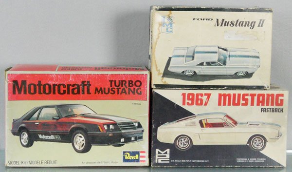 3 MUSTANG MODEL KITS: Revell Motorcraft Turbo Mustang, 1979, IMC Ford Mustang II, MPC 1967 Mustang Fastback, partially built, rest unassembled & appear complete, orig boxes, 2 worn, C9.