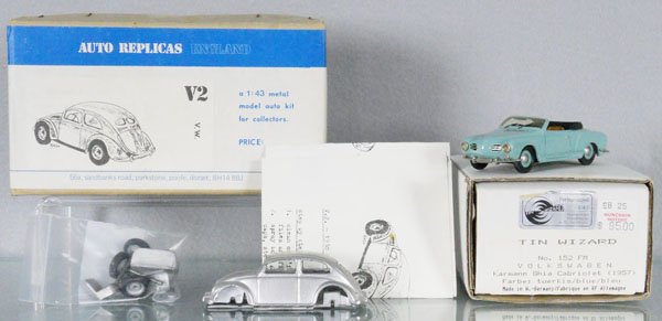 2 VOLKSWAGEN 1:43 SCALE MODELS: white metal, Auto Replicas VW Saloon Beetle kit, split rear window, appears complete, w/instruction sheet, Tin Wizard 1957 VW Karmann Ghia Convertible, orig boxes, C9-10.