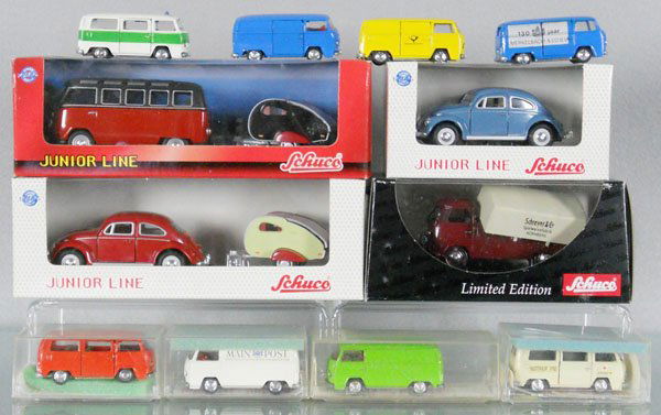 12 SCHUCO VEHICLES: 8 Modells, 4 orig boxes only, 3 Junior Line, 1 Limited Edition, orig boxes minor wear, C7-10.