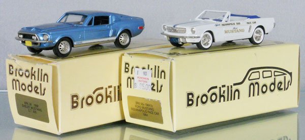 2 BROOKLIN MODEL MUSTANGS: white metal, 1968 Shelby GT 500, 1964 Indy Pace Car, orig boxes minor wear, C8-9.