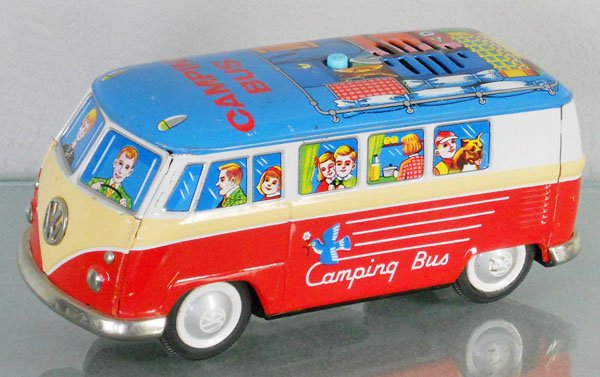 YONEZAWA CAMPING BUS: litho tin, battery operated, not tested, 9" long, C6-7.