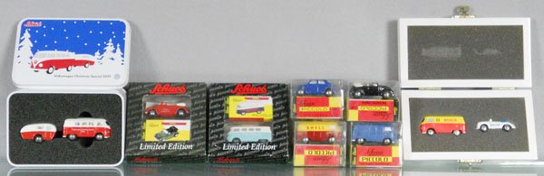 8 SCHUCO PICCOLO PACKAGES: Christmas 2001 Set, Philips Bosch Set & 6 individual cars, orig boxes minor wear, C9.