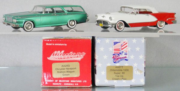 2 WHITE METAL MODELS: Milestone 1963 Chrysler Country Wagon, missing side view mirror, minor paint chip on front fender, orig box, Motor City USA 1956 Oldsmobile, rear fender has sloppy foil trim placement, w/incorrect ori