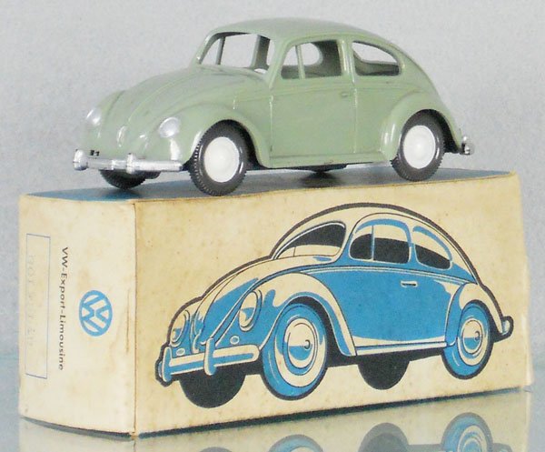 WIKING 113 VOLKSWAGEN BEETLE: plastic, 4" long, green, orig box minor wear, C8.