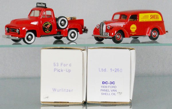 2 DURHAM CLASSICS FORDS: white metal, 1953 F100 Pick Up, Wurlitzer Music w/Jukebox in truck bed, 1939 Shell Oil Panel Van, orig boxes, C9-10.