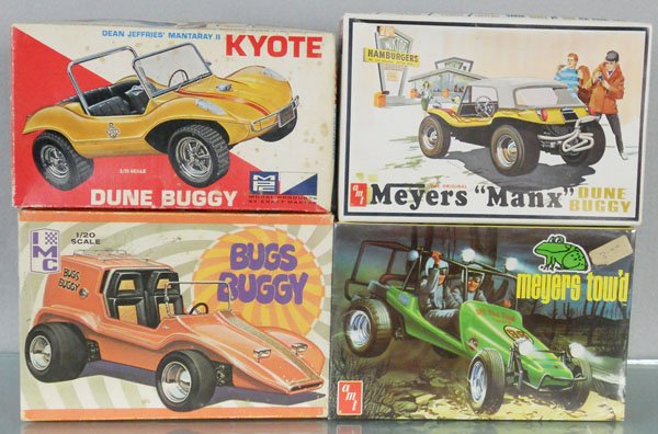 4 DUNE BUGGY MODEL KITS: 2 AMT, 1 IMC, 1 MPC, 1 factory sealed in orig box, 3 others are unassembled & appear complete, orig boxes have some wear, C9-10.
