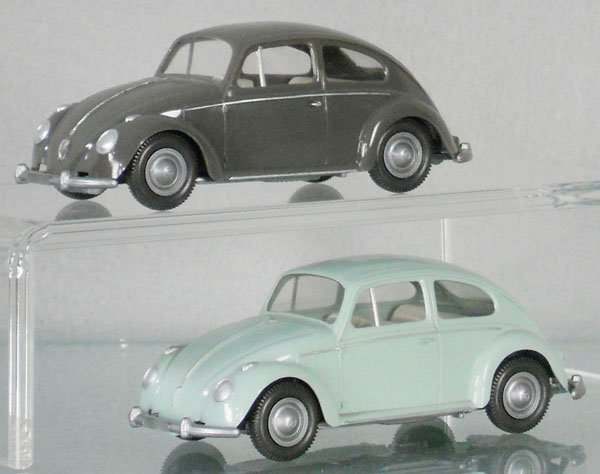 2 WIKING VOLKSWAGEN BEETLES: plastic, 4" long, 1 gray, 1 blue, C8-9.