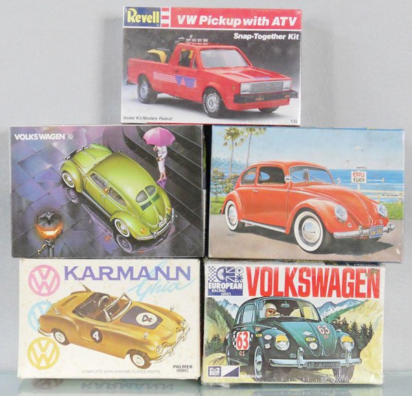 5 VOLKSWAGEN MODEL KITS: Revell, Palmer Hobbies, MPC, 2 LS, all are unassembled & appear complete, orig boxes minor wear to some wear, C9-10.