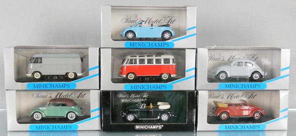 7 MINI CHAMP VOLKSWAGENS: die cast, 2 Microbuses, 5 Beetles, orig boxes minor wear, C9-10.