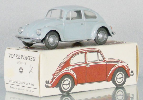 WIKING 113 VOLKSWAGEN BEETLE: plastic, 4" long, light blue, orig box minor wear, C8.