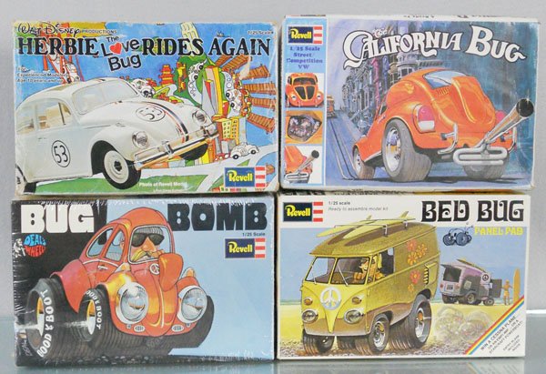 4 REVELL VOLKSWAGEN MODEL KITS: 1 factory sealed in orig box, other 3 are unassembled & appear complete, orig boxes some wear, C9-10.