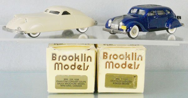 2 BROOKLIN MODELS: white metal, 1938 Phantom Corsair Coupe, 1934 Chrysler Airflow, orig boxes worn, C9.