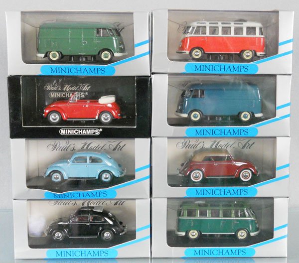 8 MINICHAMP VOLKSWAGENS: die cast, 4 Beetles, 4 Microbuses, orig boxes minor wear, C9.