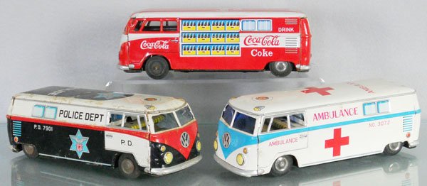 3 TAIYO VOLKSWAGEN BUSES: litho tin, frictions working, 9" long, Coca Cola, Ambulance & Police, the Police Van is worn, C4-6.