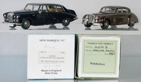 2 WHITE METAL MODELS: Mini Marque 43 1968 Daimler Limousine, 1 side view mirror taped to bottom of the car, Marque One Models 1957 Jaguar MK VII, minor paint chip on hood, orig boxes & inserts, C8-9.