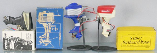 3 TOY OUTBOARD MOTORS: Fleetline 44 Evinrude, some decal wear, 3 1/2" long, Knickerbocker #59, 4 1/2" long, Super Outboard Motor, 3 3/4" long, orig boxes minor wear, stands not included, C8-9.