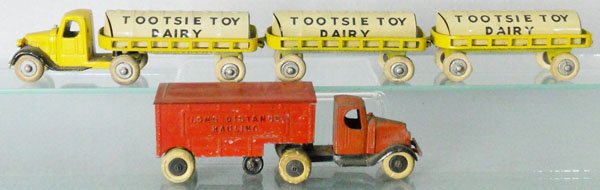 2 TOOTSIETOY MACK TRUCKS: 192 Dairy Set, w/paint embellishments, 803 Moving Van, C5-6.