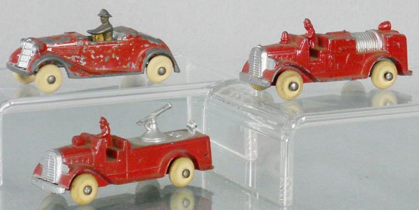 3 TOOTSIETOY FIRE AUTOS: Ford Fire Chief's Car, 237 Hose Truck, 238 Water Cannon, C4-5.