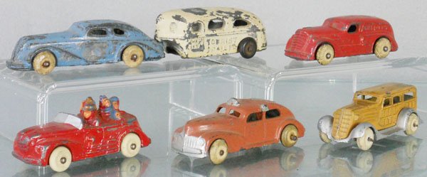6 BARCLAY SLUSH AUTOS: Auto & Trailer, Delivery Van, Convertible, Taxi, Wagon, fender dented, C4-5.
