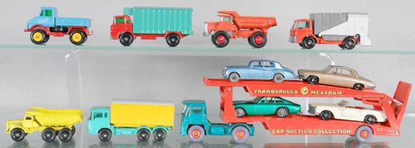11 MATCHBOX VEHICLES: 49B2, 47C1, 28D1, 7C1, 6C2, 44C1, 44A1, 28C2, 75B4, 27D1, Major Pack M8B1 Guy Warrior Car Transporter, C6-9.