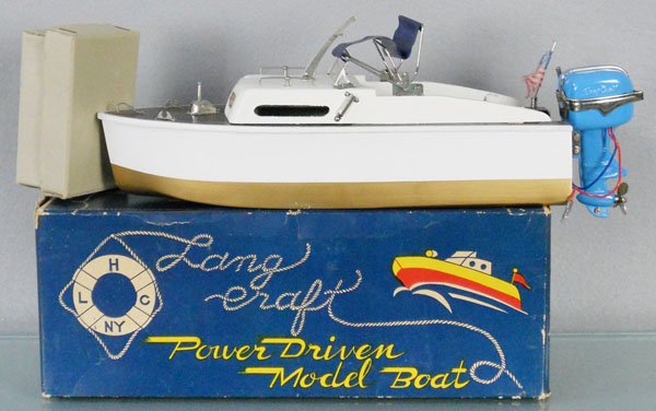 LANG CRAFT 818/910 MOTOR BOAT: wood, 10 1/2" long, w/tin outboard motor, C8-9.