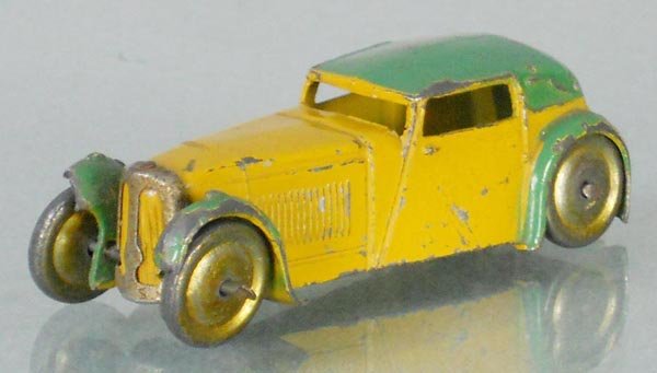 DINKY 22B SPORT COUPE: yellow & green, marked Hornby Series, missing part of front fender, C5-6.
