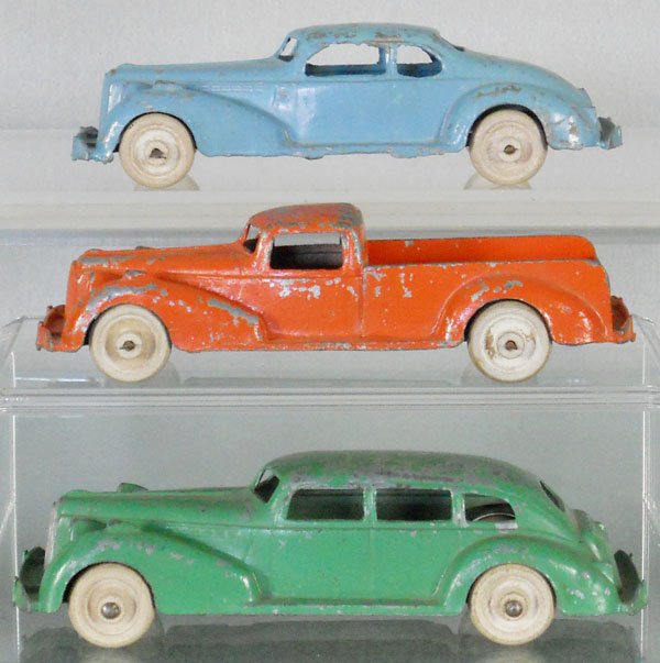 3 HUBLEY PACKARDS: die cast, Coupe, Pick Up, Sedan, each has a litho chassis, C5.
