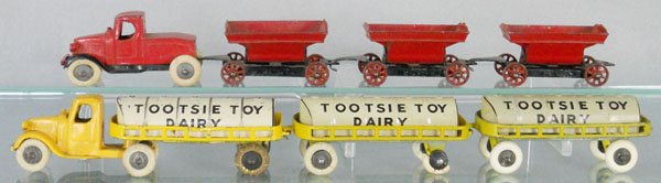 2 TOOTSIETOY MACK TRUCKS: 191 Contractor's Set, 192 Dairy Set, some paint enhancements on truck, worn tires on trailers, C5-6.