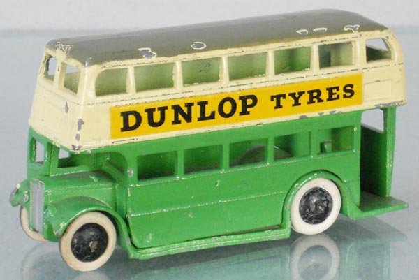 DINKY 29C DOUBLEDECKER BUS: green & cream, 1 tire replaced, C6.