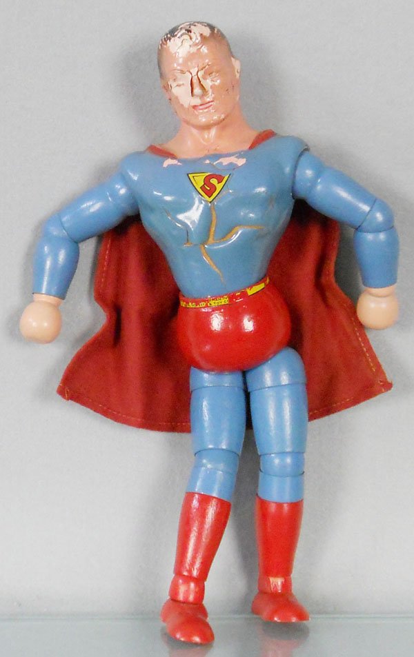 IDEAL SUPERMAN: wooden, jointed, 13" tall, coating on chest, back & face cracked, C6-7.