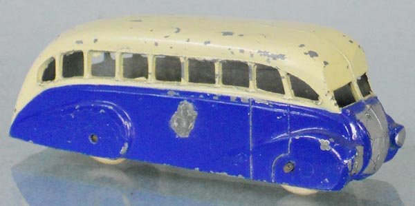 DINKY 29B STREAMLINED BUS: blue & cream, w/cast rear window, die cast pop on side, C5.