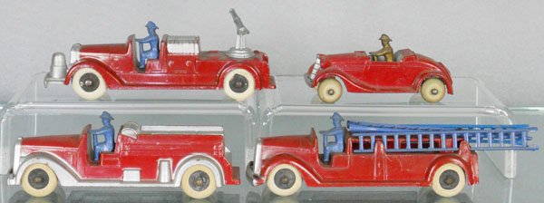 4 TOOTSIETOY FIRE AUTOS: 1041 Hose, Fire Chief Car, 1042 Insurance Patrol, 1040 Hook & Ladder, C7-9.