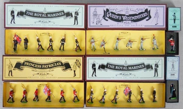 4 BRITAINS SETS: 2 #8855 Royal Marines, 8827 Queen's Westminsters, 8856 Princess Patricia's, w/2 Collector Club figures from 1996 & 1999, orig boxes & inserts, C9-10.