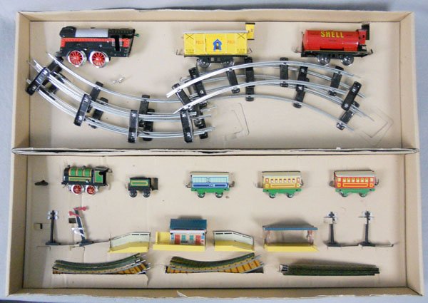 2 PAYA TRAIN SETS: litho tin, 893 Train Set, windup working, 874 Train Set, windup working, 1990's reproductions, orig boxes minor wear, C9.
