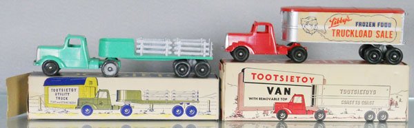 2 TOOTSIETOY MACK TRUCKS: 869 Utility Truck, 589 Libby's Van, label discolored, orig boxes minor wear, C8-9.