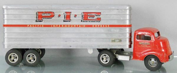 SMITH MILLER PIE TRUCK: painted pressed steel & die cast, 24" long, decals worn, rear doors intact, front bumper broken, C5.