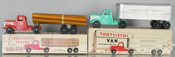 2 TOOTSIETOY MACK TRUCKS: 569 Log Truck, 589 Middle States Motor Freight Van, orig boxes worn & ends loose, C7-8.