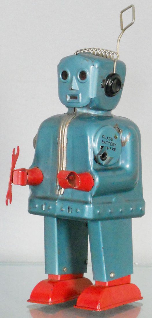 NOMURA ZOOMER ROBOT: litho tin, blue, battery operated, not tested, 7 1/2" tall, C7.
