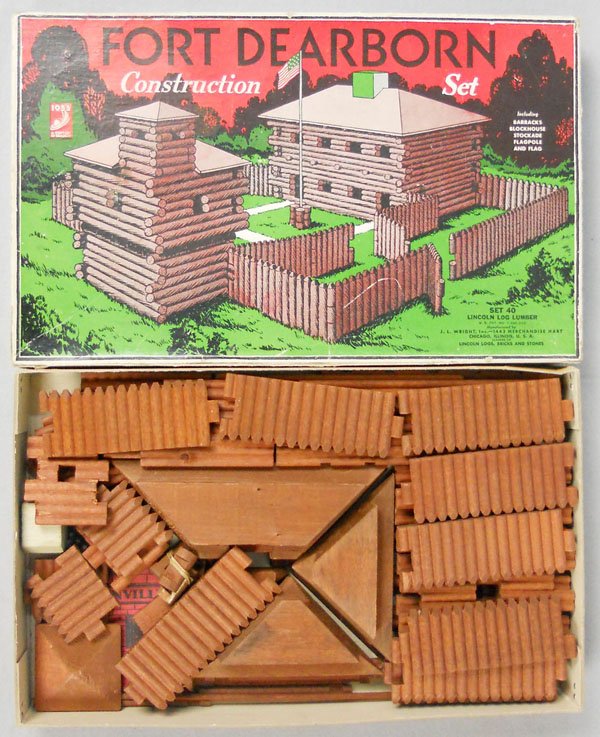 CENTURY OF PROGRESS LINCOLN LOG SET: #40 Fort Dearborn Construction Set, appears complete, w/1933 Century of Progress on box top, orig box minor wear, C8.