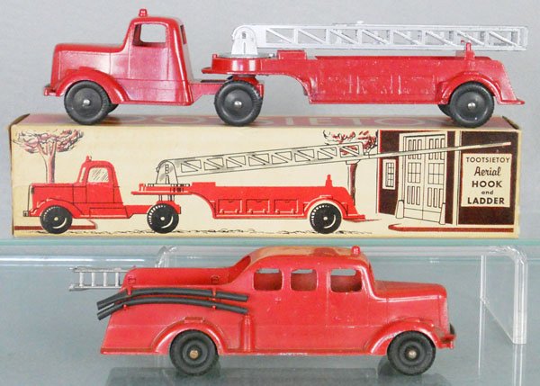 2 TOOTSIETOY MACK FIRE TRUCKS: 489 Hook & Ladder, orig box worn, 469 Pumper, C8-9.