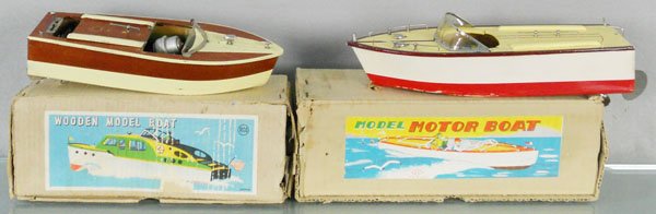 2 MOTOR BOATS: wooden, Rico Motor Boat, 9 1/2" long, SW Motor Boat, 11" long, orig boxes minor wear, C7-8.