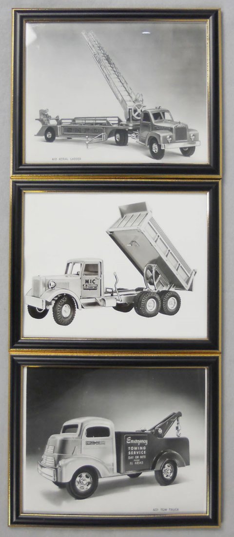 3 SMITH MILLER FACTORY PHOTOS: orig 8 x 10 framed photos, 410 Aerial Ladder, 401 Tow Truck, Mack Dump, C8.