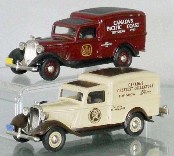 2 BROOKLIN MODELS ADVERTISING VANS: 2 #16 1936 Dodge Vans, white metal, both advertising Canadian Toy Shows, the maroon one is missing piece of rear bumper, C7-9.