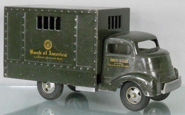 SMITH MILLER BANK OF AMERICA TRUCK: die cast & painted pressed steel, rear doors intact, front bumper broken, 14" long, C5.