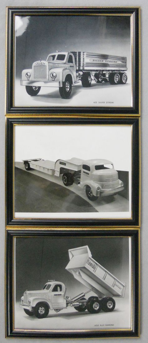 3 SMITH MILLER FACTORY PHOTOS: orig 8 x 10 framed photos, 405 Silver Streak, 408 Blue Diamond, 407 Fruehauf flat truck, C8.