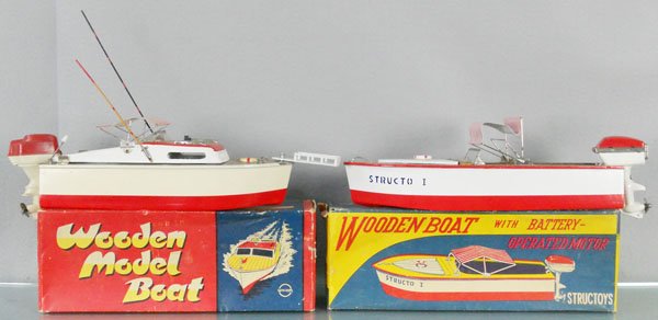 2 WOODEN SPEEDBOATS: Union 614 w/outboard motor, missing antenna, Structoys 17000, 12" long, w/outboard motor, orig boxes worn, C8.