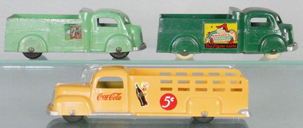 3 TOOTSIETOY TRUCKS: 2 #1010 Wrigley's Trucks, 1 has old 7UP decals, International K5 Truck, restored w/Coca Cola stickers, C5-8.