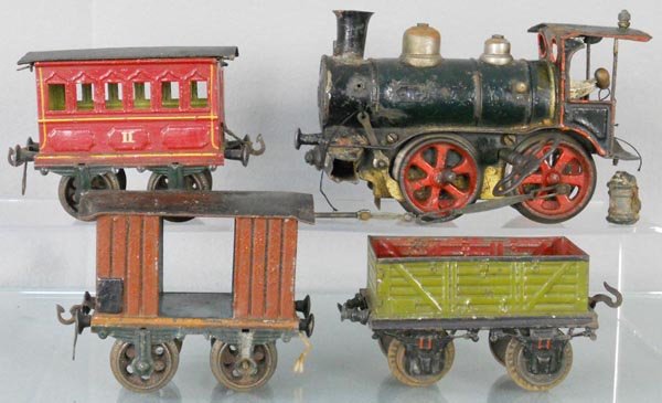 MARKLIN TRAIN SET: 1 ga, 1021 loco, worn & missing parts, w/old repairs, windup working, 2nd Class Coach, Box Car, missing 1 coupler & 2 journal boxes, w/Bing gondola, missing 1 coupler & buffer, C3-5.