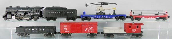LIONEL TRAIN SET: O ga, 2034 loco, 1130T tender, 3419 helicopter car, helicopter broken & incom, 6111 flat car, 6112 gondola, 6014 Frisco box car, 6119 work caboose, C5-6.
